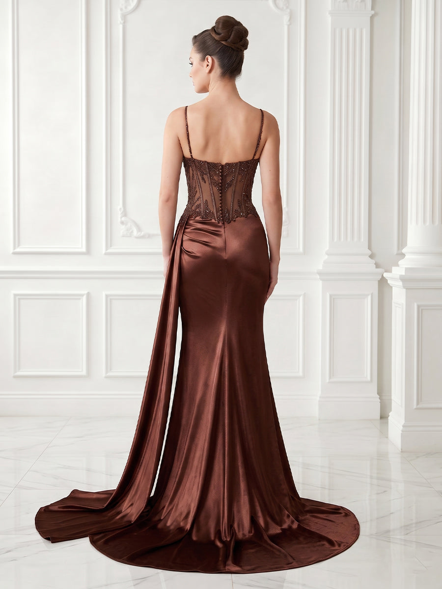 Mermaid Spaghetti Straps Satin Sleeveless Corset Long Evening Dresses with Slit