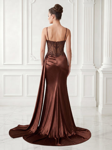 Mermaid Spaghetti Straps Satin Sleeveless Corset Long Evening Dresses with Slit