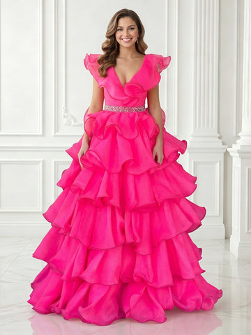 A Line V Neck Tulle Sleeveless Tiered Long Evening Dresses