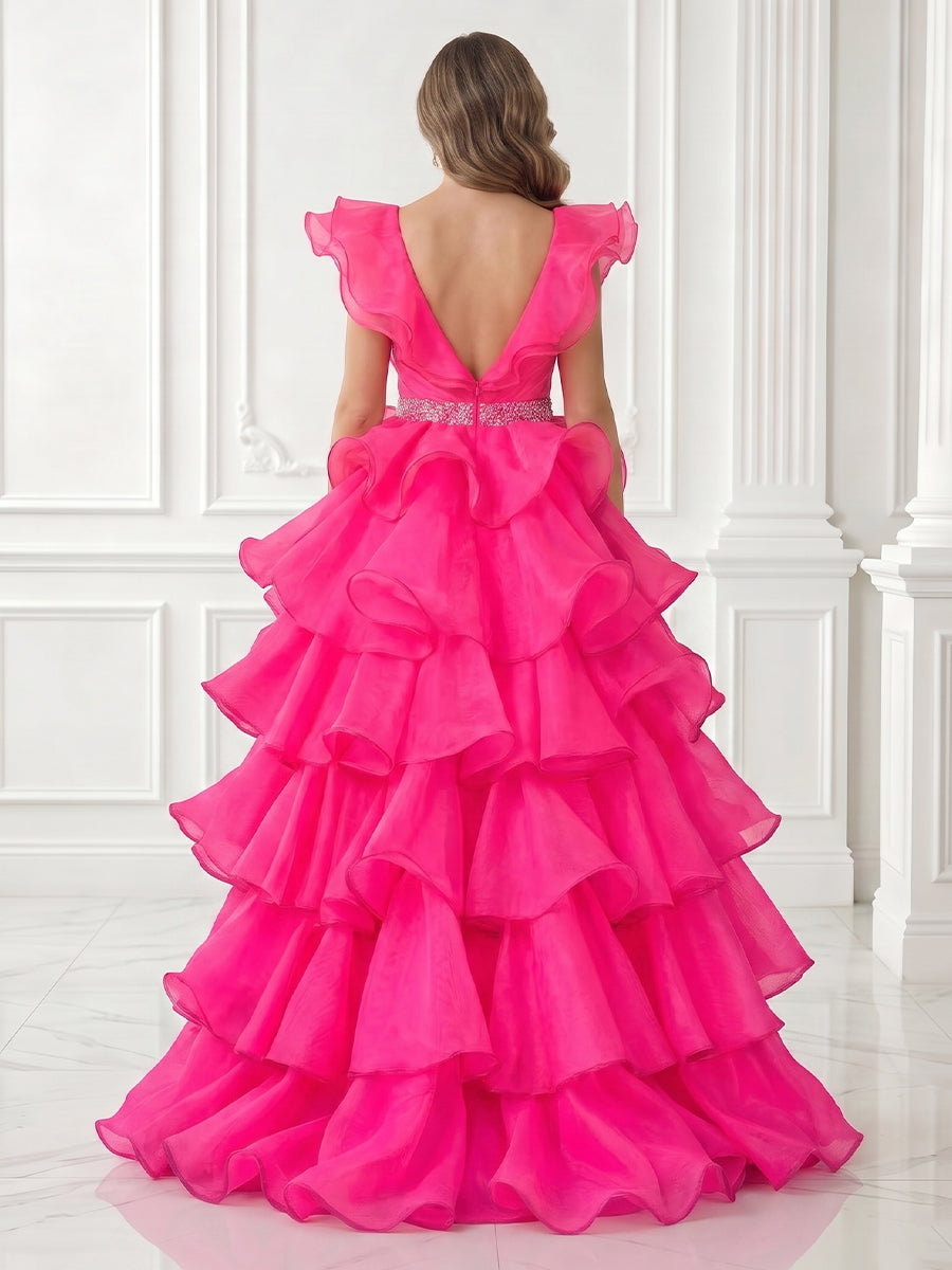 A Line V Neck Tulle Sleeveless Tiered Long Evening Dresses