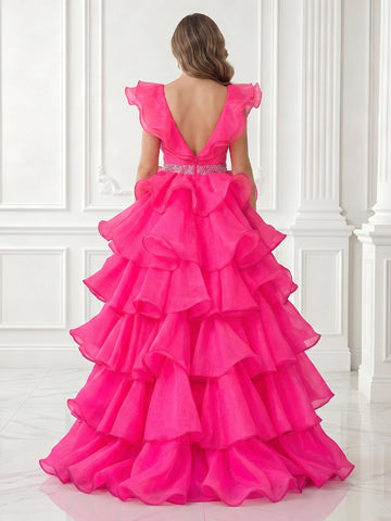 A Line V Neck Tulle Sleeveless Tiered Long Evening Dresses