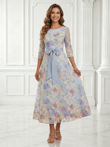A Line Scoop Neck Tulle Embroidery 3/4 Sleeves Evening Dresses