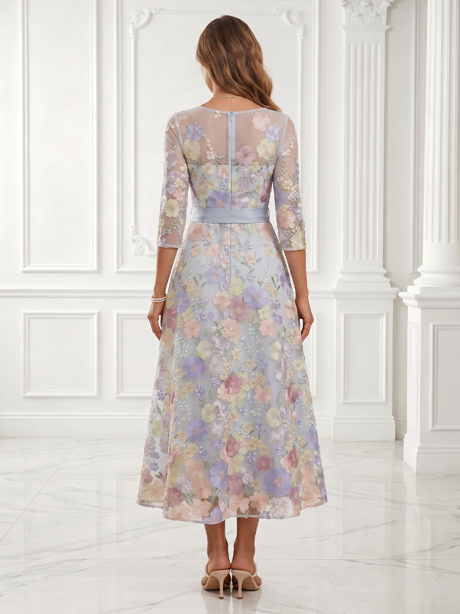 A Line Scoop Neck Tulle Embroidery 3/4 Sleeves Evening Dresses