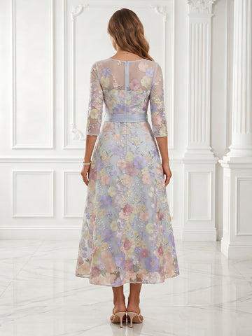 A Line Scoop Neck Tulle Embroidery 3/4 Sleeves Evening Dresses