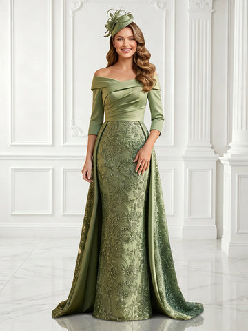 Sheath Off the Shoulder Satin 3/4 Sleeves Lace Applique  Evening Dresses