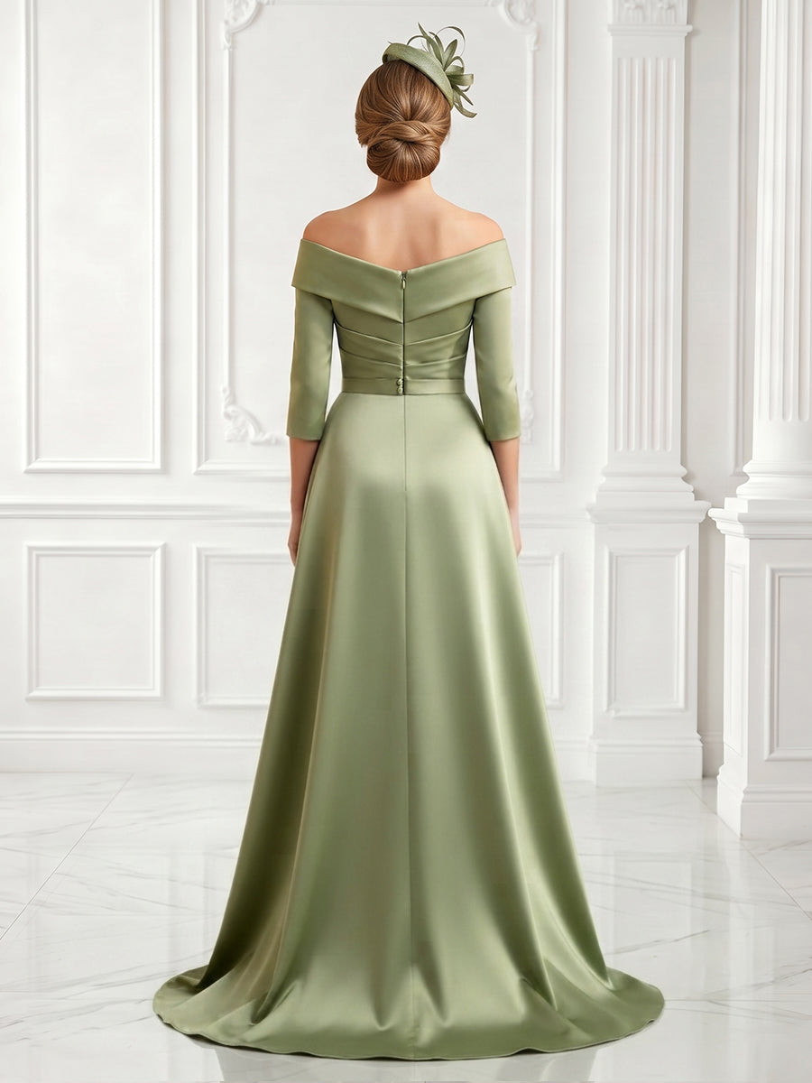 Sheath Off the Shoulder Satin 3/4 Sleeves Lace Applique  Evening Dresses