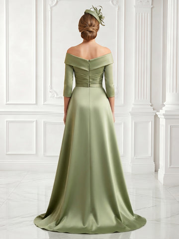 Sheath Off the Shoulder Satin 3/4 Sleeves Lace Applique  Evening Dresses