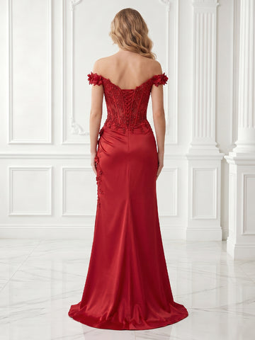Mermaid Off the Shoulder Satin Sleeveless Lace Applique  Evening Dresses