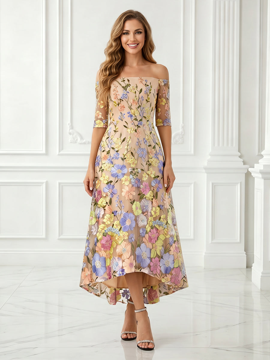 A Line Off the Shoulder Tulle Half Sleeves Embroidery Long Evening Dresses