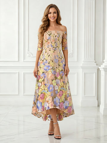 A Line Off the Shoulder Tulle Half Sleeves Embroidery Long Evening Dresses