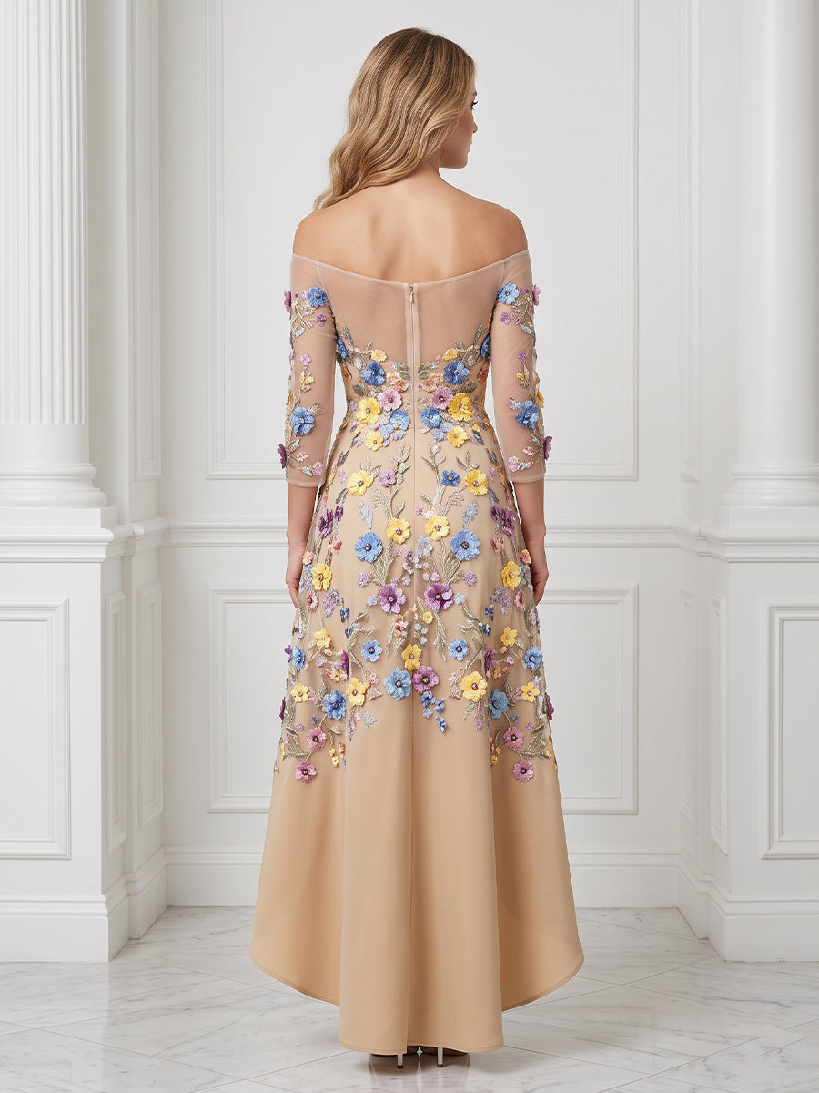 A Line Off the Shoulder Tulle Half Sleeves Embroidery Long Evening Dresses