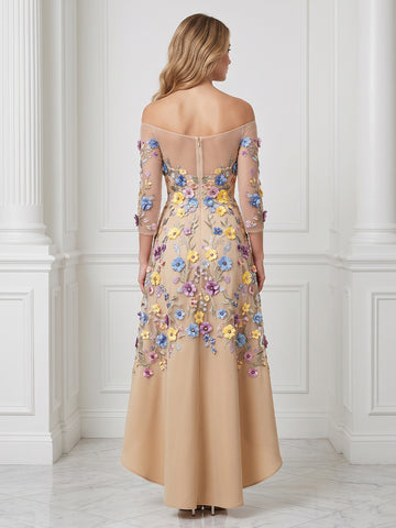 A Line Off the Shoulder Tulle Half Sleeves Embroidery Long Evening Dresses