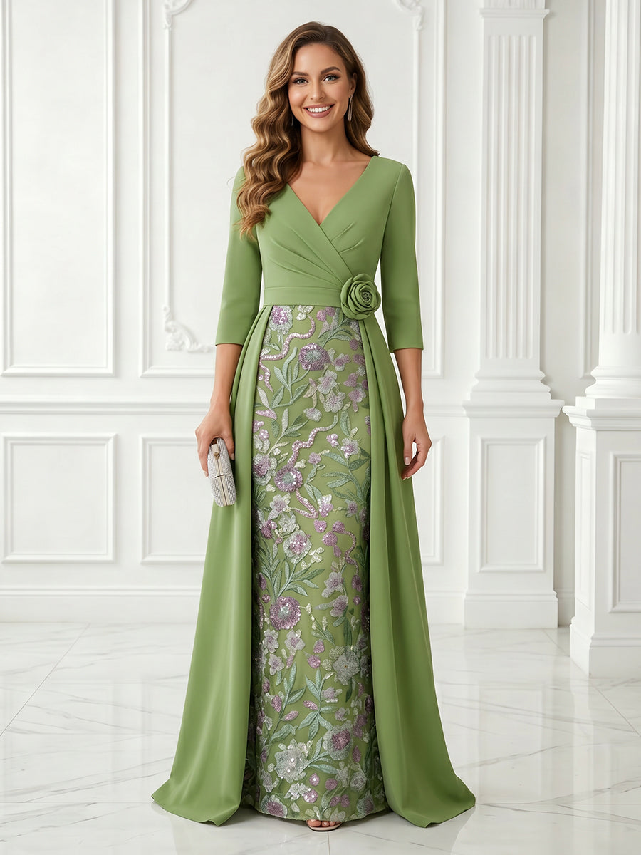 Satin Sheath V Neck Lace Applique 3/4 Sleeves Long Evening Dresses