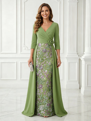 Satin Sheath V Neck Lace Applique 3/4 Sleeves Long Evening Dresses