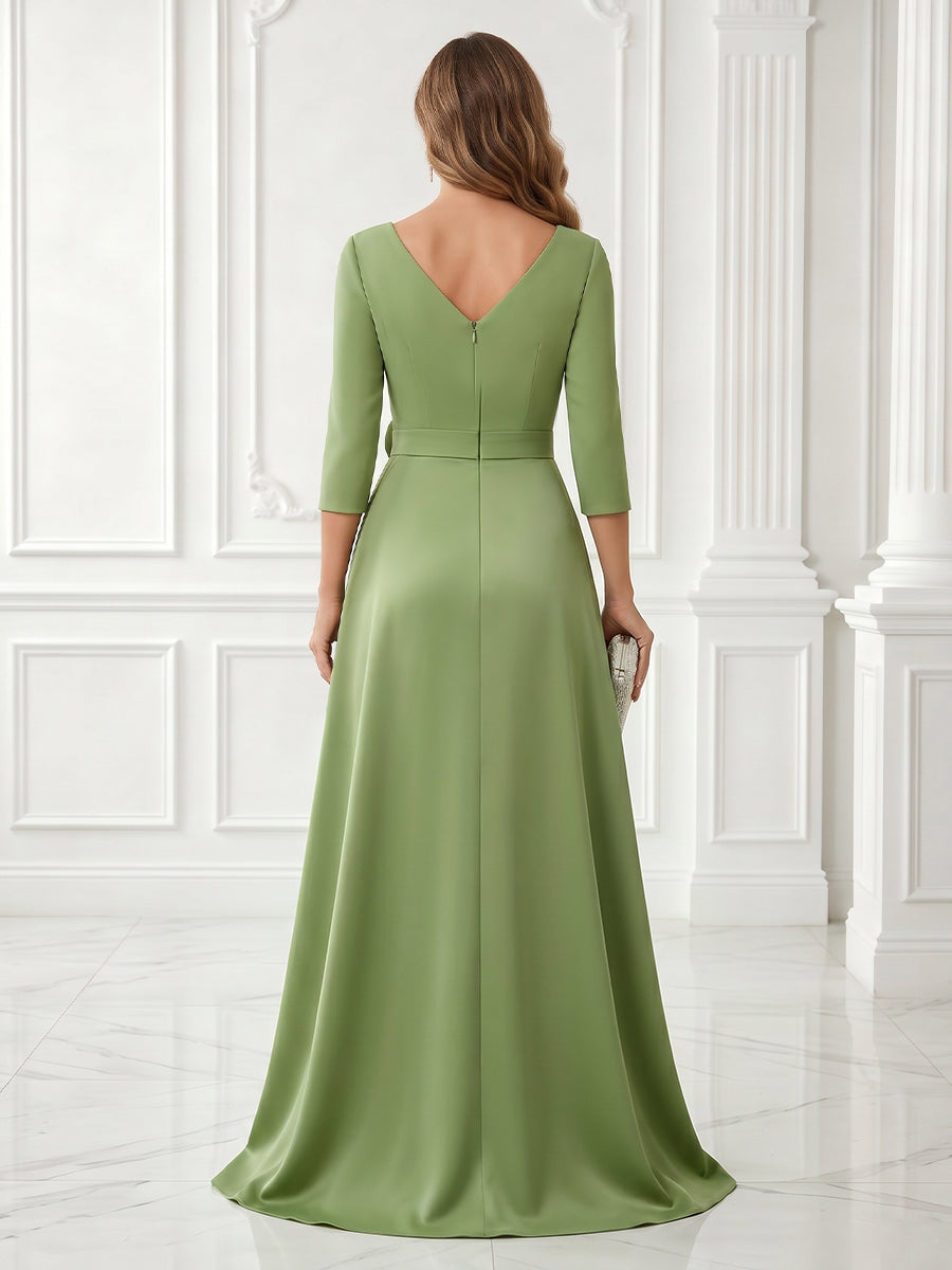 Satin Sheath V Neck Lace Applique 3/4 Sleeves Long Evening Dresses