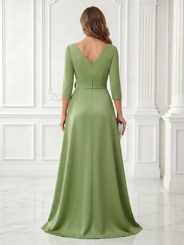 Satin Sheath V Neck Lace Applique 3/4 Sleeves Long Evening Dresses