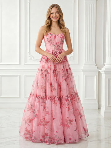 A Line Strapless Sleeveless Chiffon Floral Print Long Evening Dresses
