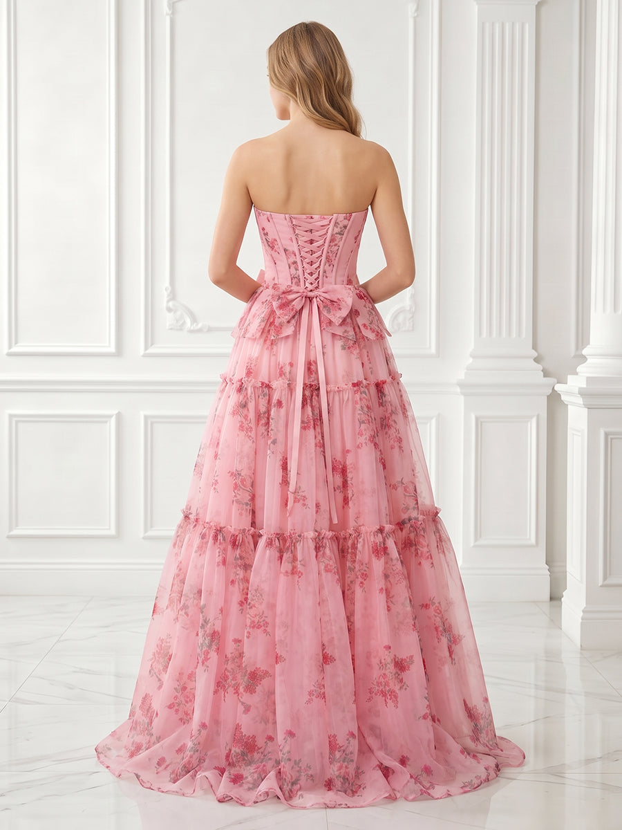 A Line Strapless Sleeveless Chiffon Floral Print Long Evening Dresses
