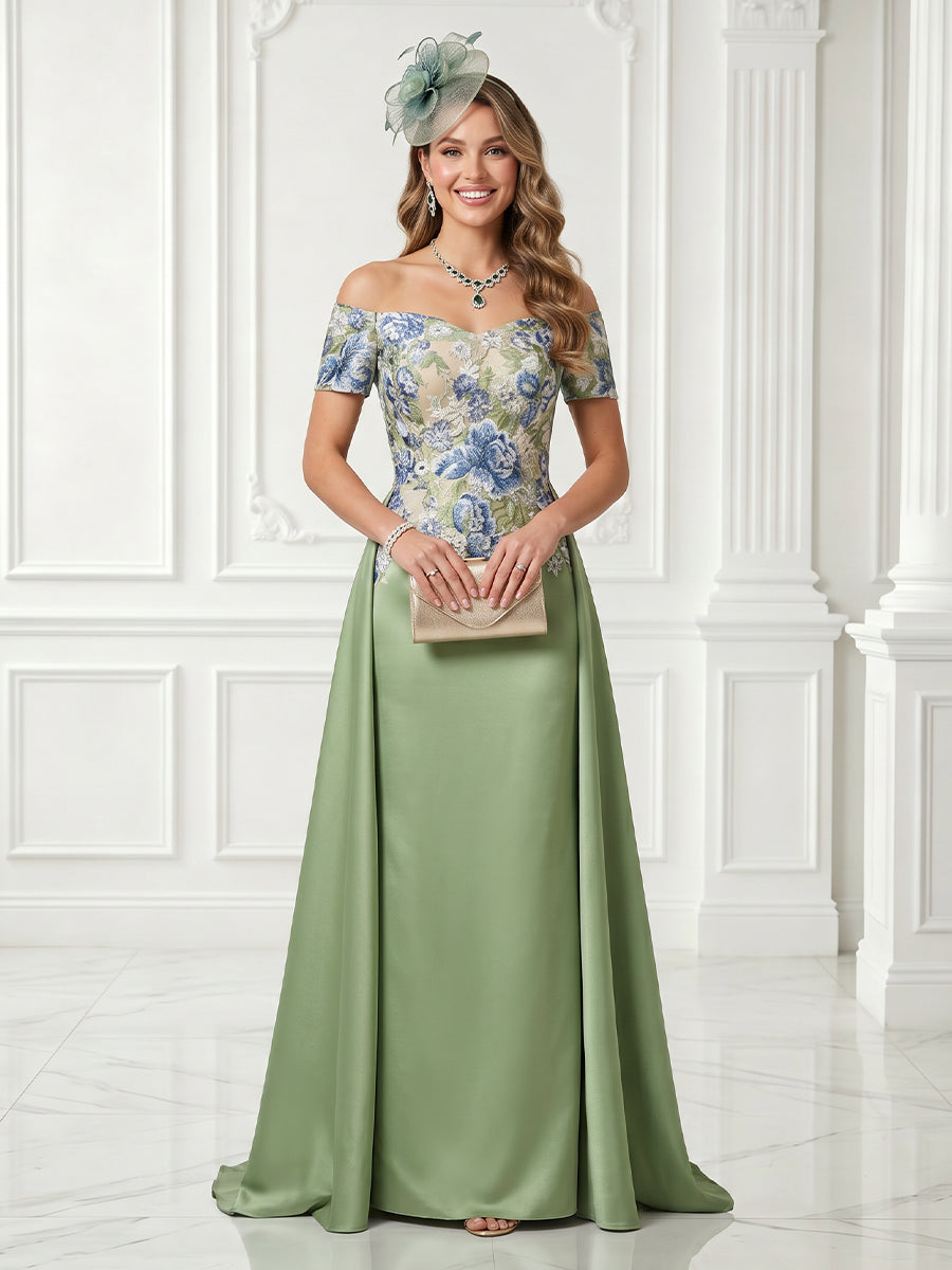 A Line Off the Shoulder Satin Short Sleeves Embroidery  Evening Dresses