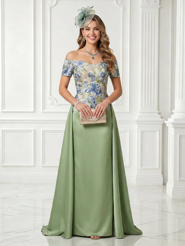 A Line Off the Shoulder Satin Short Sleeves Embroidery  Evening Dresses