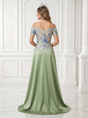 A Line Off the Shoulder Satin Short Sleeves Embroidery  Evening Dresses