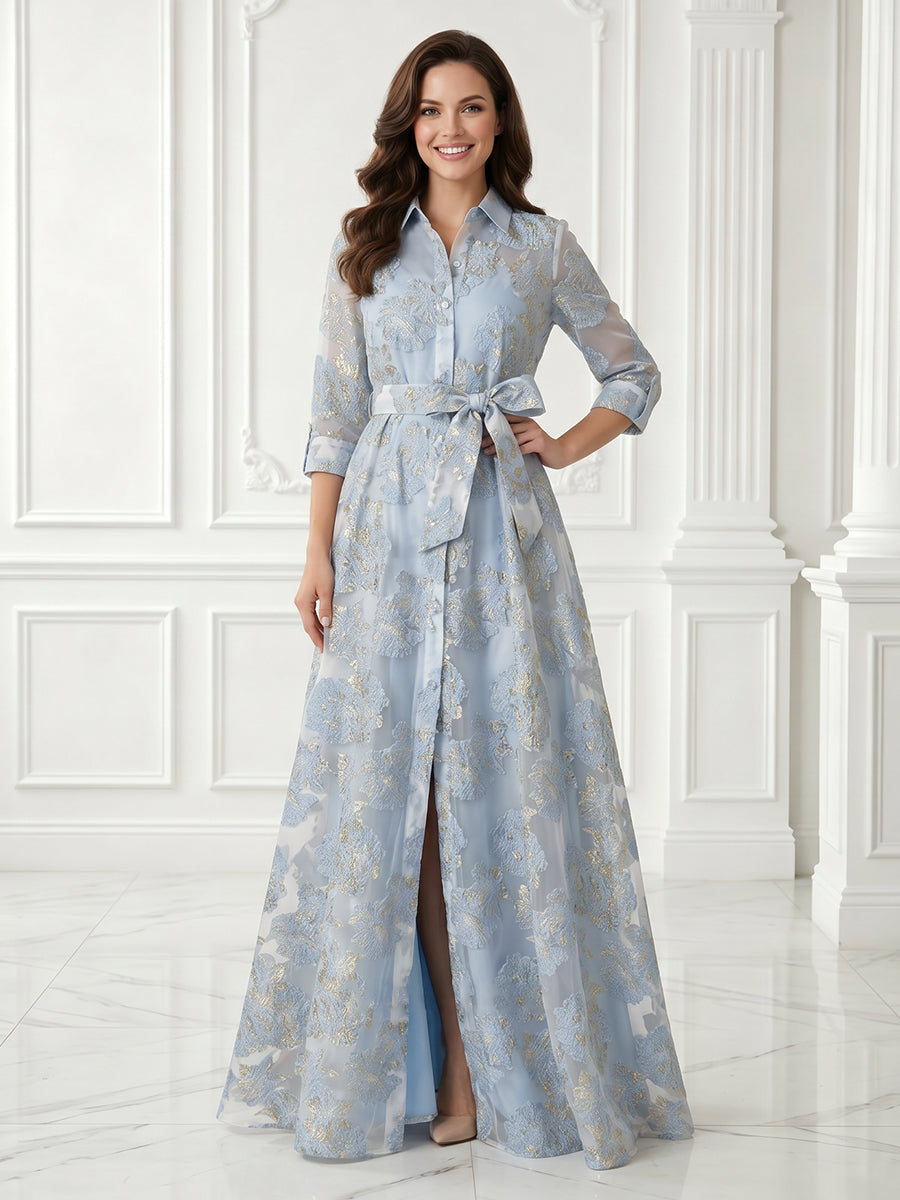 A Line Jacket Satin 3/4 Sleeves Jacquard Long Evening Dresses with Slit