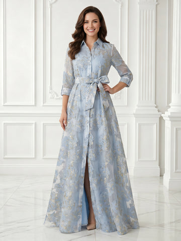 A Line Jacket Satin 3/4 Sleeves Jacquard Long Evening Dresses with Slit