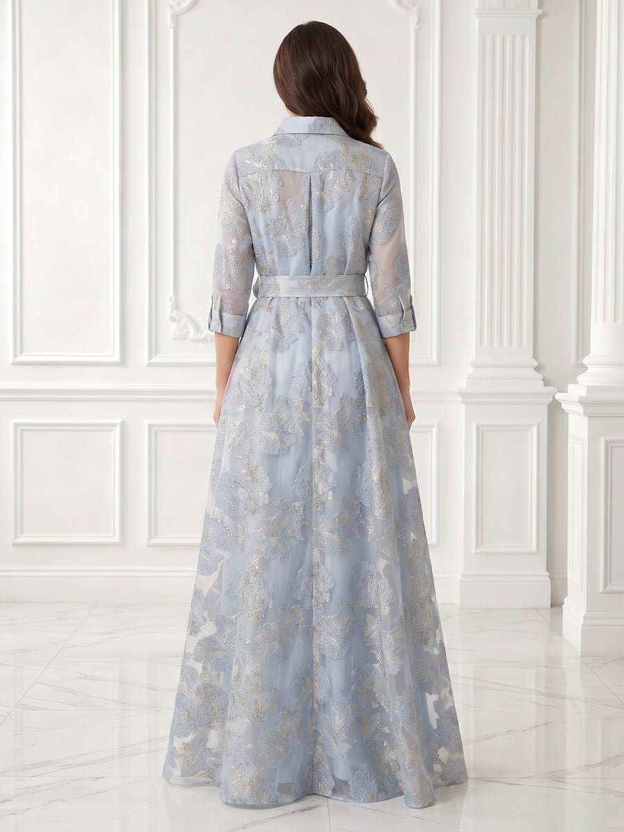 A Line Jacket Satin 3/4 Sleeves Jacquard Long Evening Dresses with Slit