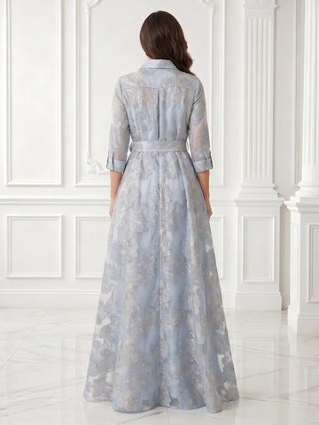 A Line Jacket Satin 3/4 Sleeves Jacquard Long Evening Dresses with Slit