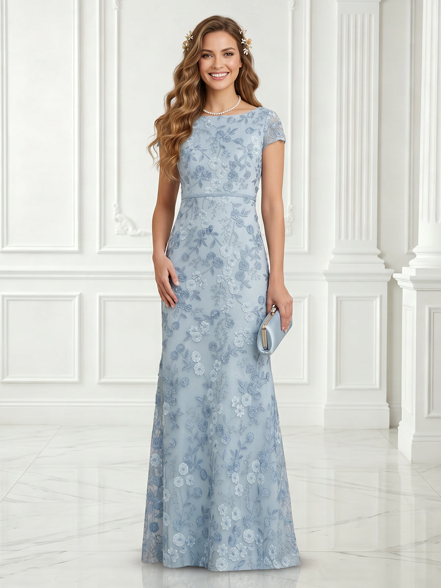 Tulle Sheath Boat Neck Lace Applique Short Sleeves Long Evening Dresses