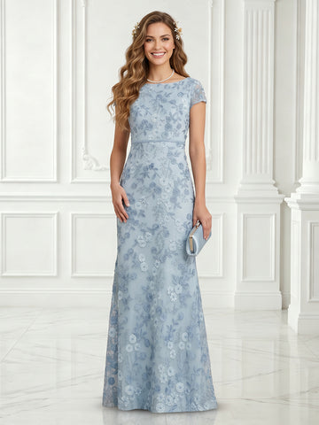 Tulle Sheath Boat Neck Lace Applique Short Sleeves Long Evening Dresses