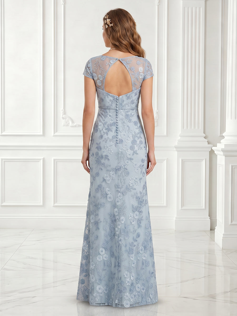 Tulle Sheath Boat Neck Lace Applique Short Sleeves Long Evening Dresses