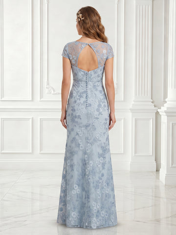 Tulle Sheath Boat Neck Lace Applique Short Sleeves Long Evening Dresses