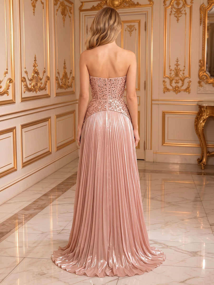 A Line Strapless Sleeveless Satin Metallic Long Evening Dresses