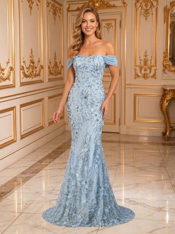 Off the Shoulder Chiffon Mermaid Sleeveless Lace Applique Long Evening Dresses