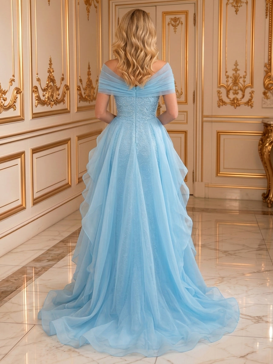 Mermaid Off the Shoulder Chiffon Sleeveless Rhinestone Long Evening Dresses
