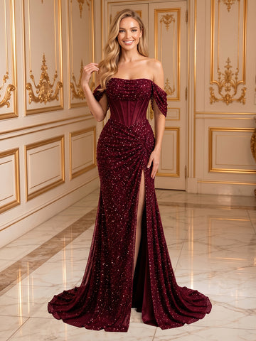 Mermaid Satin Off the Shoulder Sleeveless Long Evening Dresses with Slit