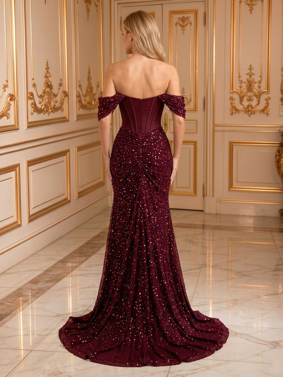 Mermaid Satin Off the Shoulder Sleeveless Long Evening Dresses with Slit