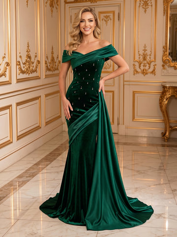 Mermaid Off the Shoulder Sleeveless Satin Rhinestone Long Evening Dresses