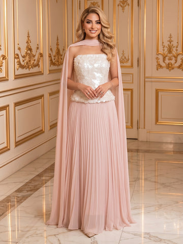 Strapless Chiffon A Line Sleeveless Long Evening Dresses with Pleated