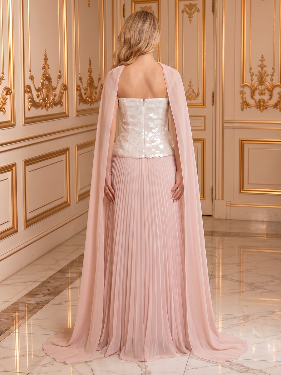 Strapless Chiffon A Line Sleeveless Long Evening Dresses with Pleated