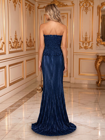 Mermaid Satin Strapless Sleeveless Metallic Long Evening Dresses with Pleated