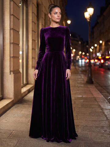 Velvet A Line Scoop Neck Long Sleeves Long Evening Dresses