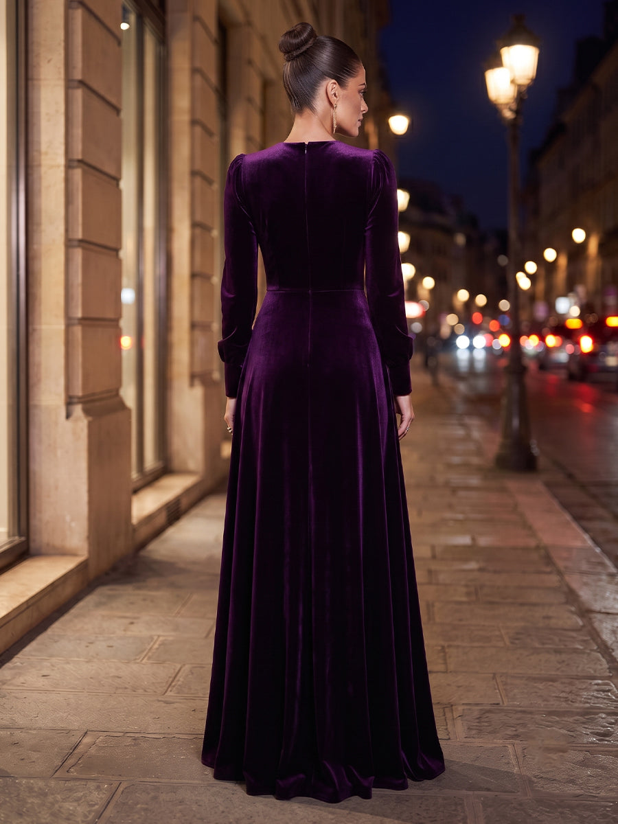 Velvet A Line Scoop Neck Long Sleeves Long Evening Dresses