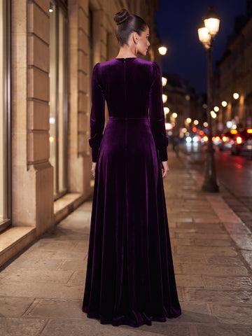 Velvet A Line Scoop Neck Long Sleeves Long Evening Dresses