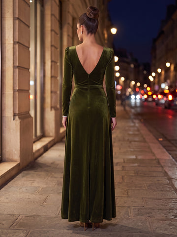 Velvet V Neck A Line Long Sleeves Long Evening Dresses