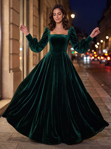 A Line Velvet Square Neck Long Sleeves Long Evening Dresses
