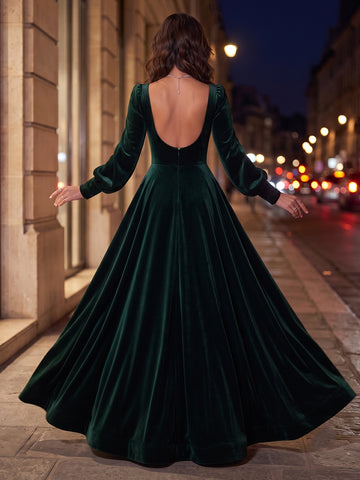 A Line Velvet Square Neck Long Sleeves Long Evening Dresses