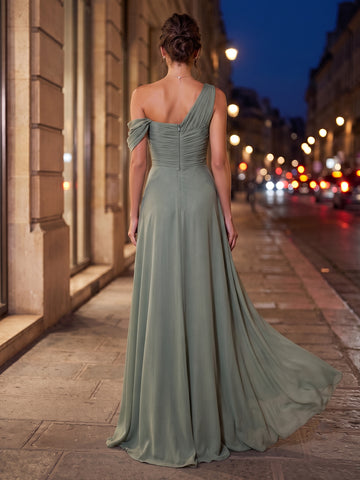One Shoulder Chiffon A Line Sleeveless Long Evening Dresses