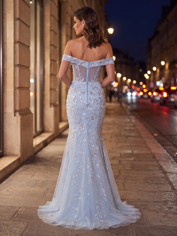 Tulle Mermaid Off the Shoulder Sleeveless Long Evening Dresses